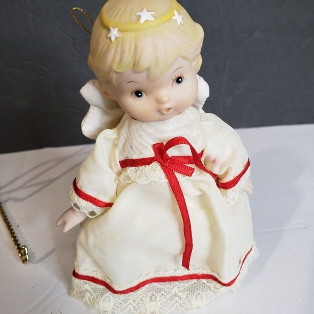 Vintage 80s Gorham Porcelain Baby Angel Christmas Tree Ornament 6"